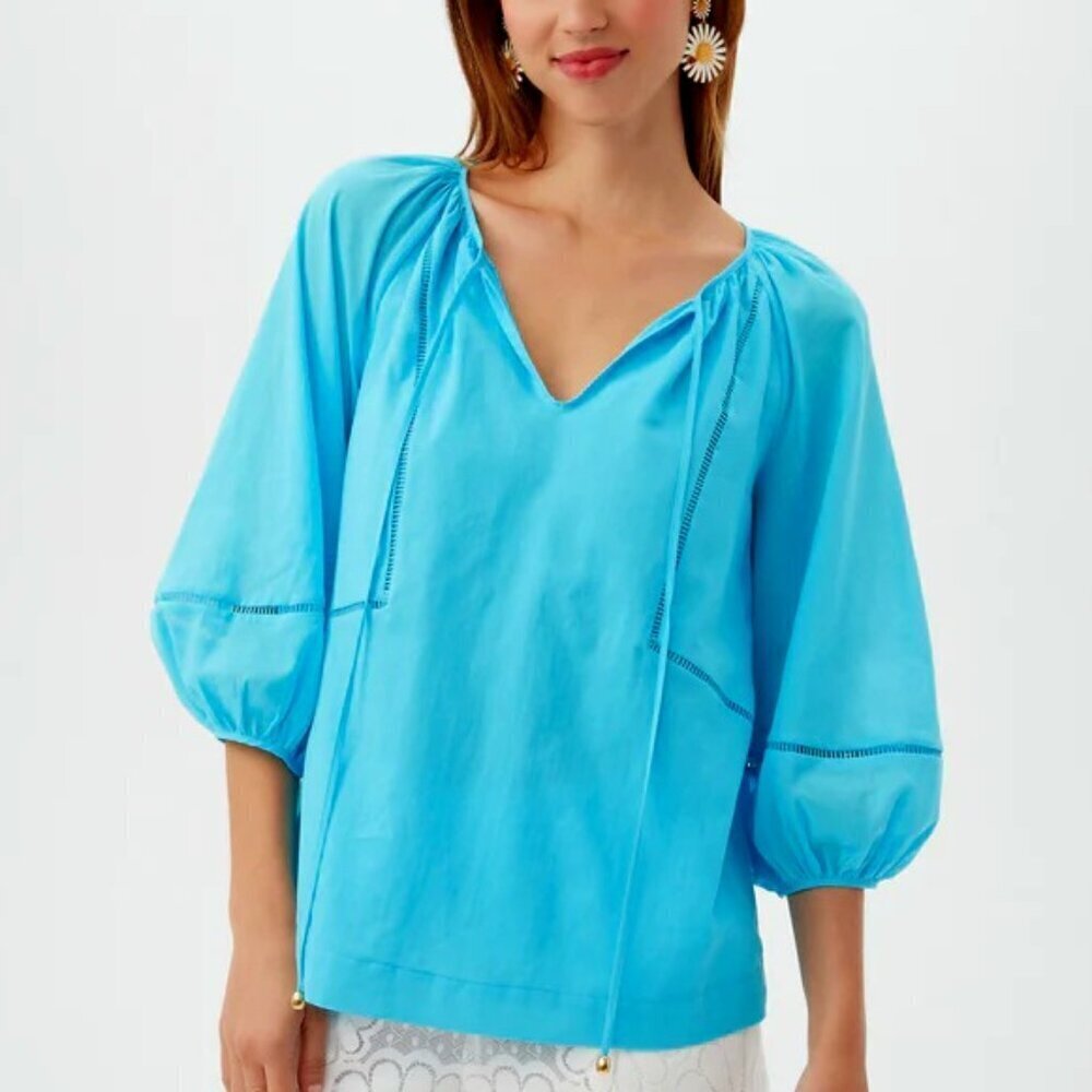 Trina Turk 'Joplin' Blouson-Sleeve Cotton Pullover Top, Clearwater